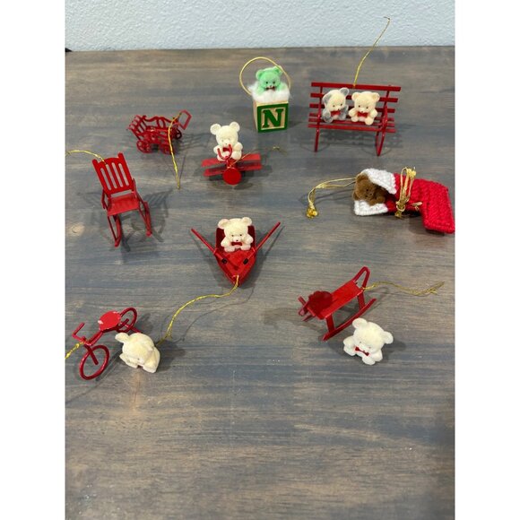 Vintage Flocked Teddy Bears on Metal Ornaments Lot 9 READ - Picture 1 of 6